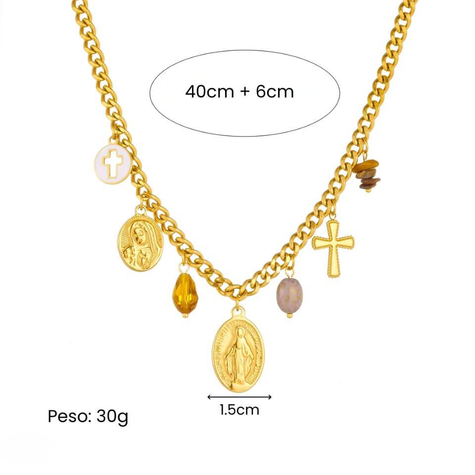 Conjunto Medalha Oval Dourada com Cruz e Cristais em Aço Inoxidável 316L - Escolha Colar, Pulseira ou o Kit Completo!