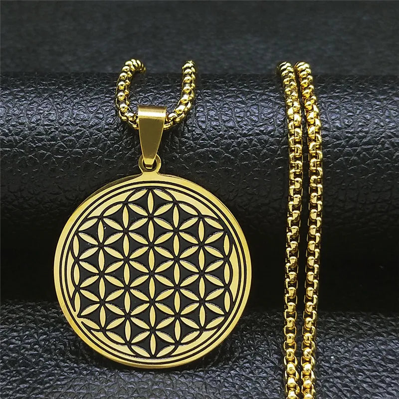 Colar com Pingente Flor da Vida  Geometria Sagrada em Aço Inoxidável - Carregue a Essência da Criação Sempre Com Você!