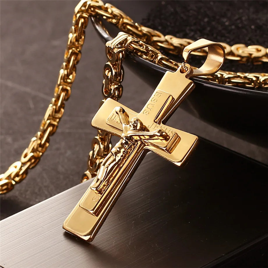 Colar Crucifixo Grande em Aço Inoxidável Dourado - Benção Que Inspira!