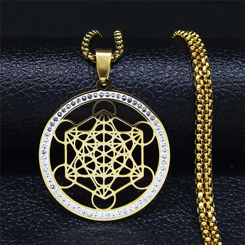 Colar com Pingente Cubo de Metatron e Flor da Vida - Geometria Sagrada em Aço Inoxidável
