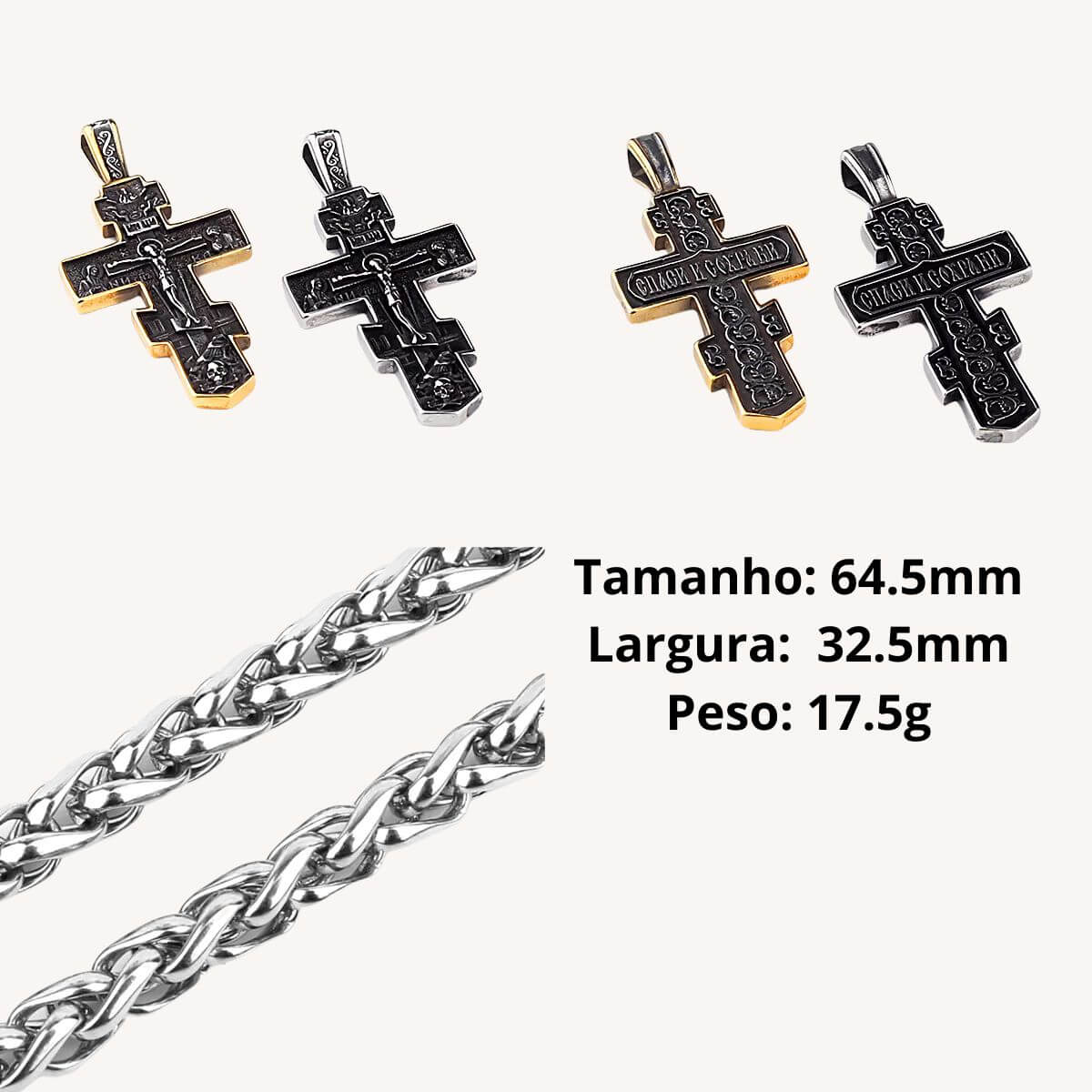 Crucifixo Cruz Ortodoxa com Jesus em Aço Inoxidável 316L - Carregue a Proteção da Cruz Ortodoxa Com a Força do Aço!