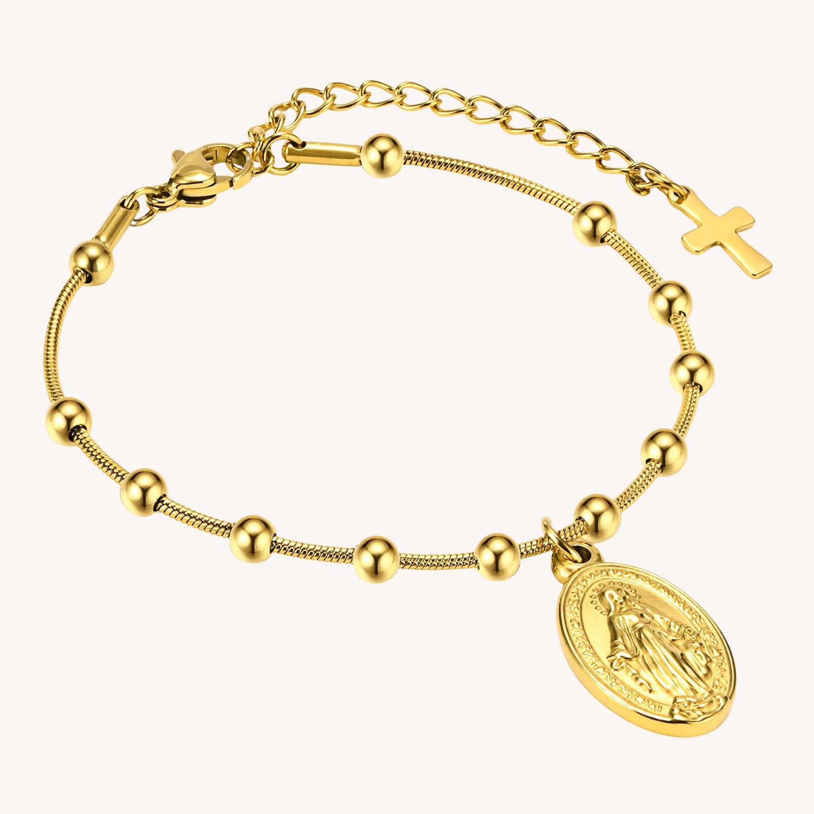 Pulseira Terço com Cruz e Nossa Senhora em Aço Inoxidável - Um Símbolo de Devoção Com Um Toque de Delicadeza!