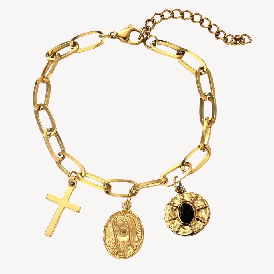 Pulseira Minimalista Medalha Redonda com Cruz em Aço Inoxidável Vintage - Um Detalhe de Fé e Elegância Que Transforma Seu Estilo!