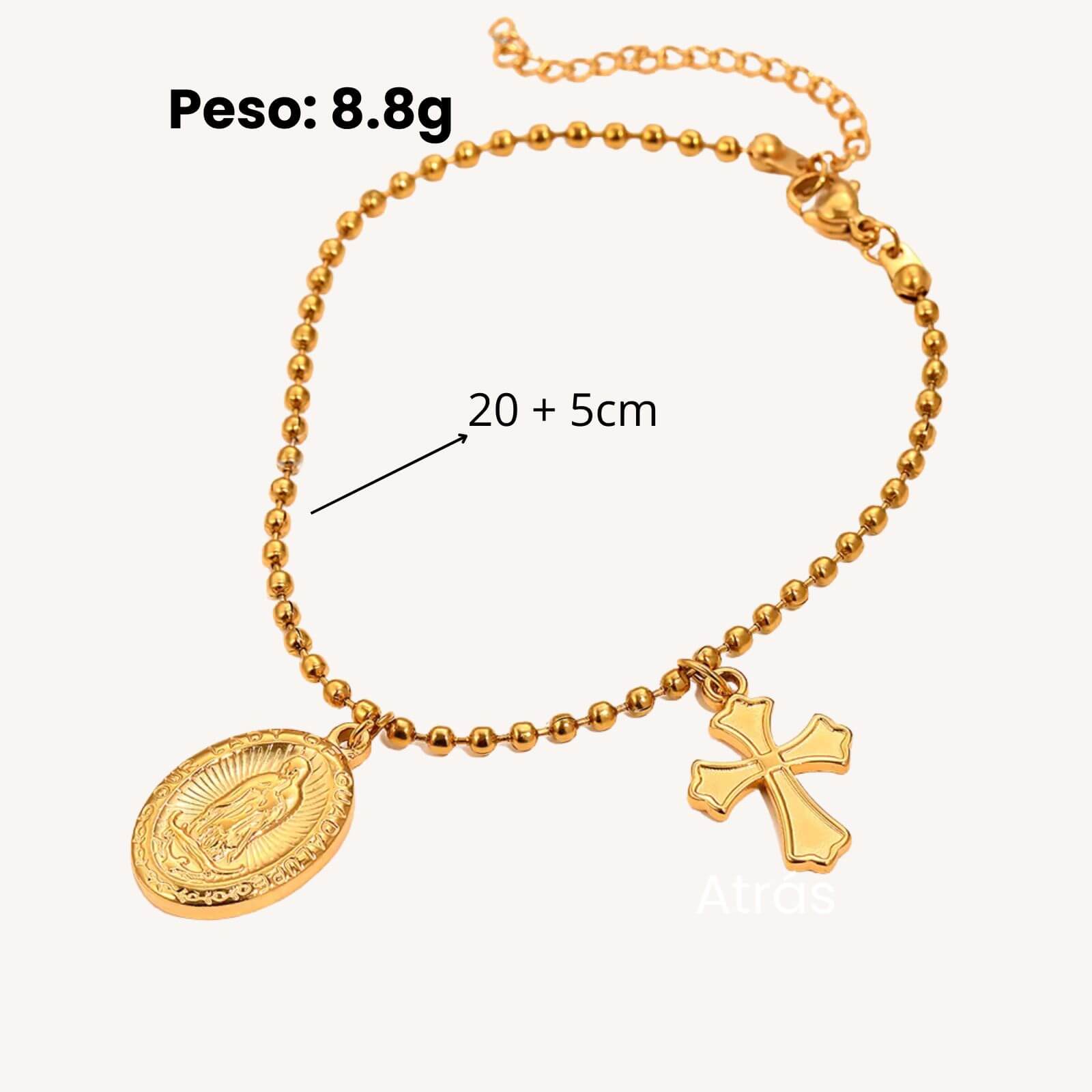 Pulseira de Bolinhas com Crucifixo e Medalha da Virgem Maria em Aço Inoxidável - Um Lembrete Diário de Fé e Estilo!