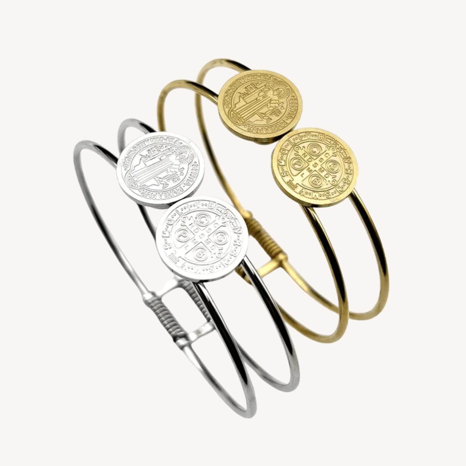 Pulseira Rígida Dupla Medalha de São Bento em Aço Inoxidável - O Poderoso Símbolo de São Bento em Uma Joia de Destaque!