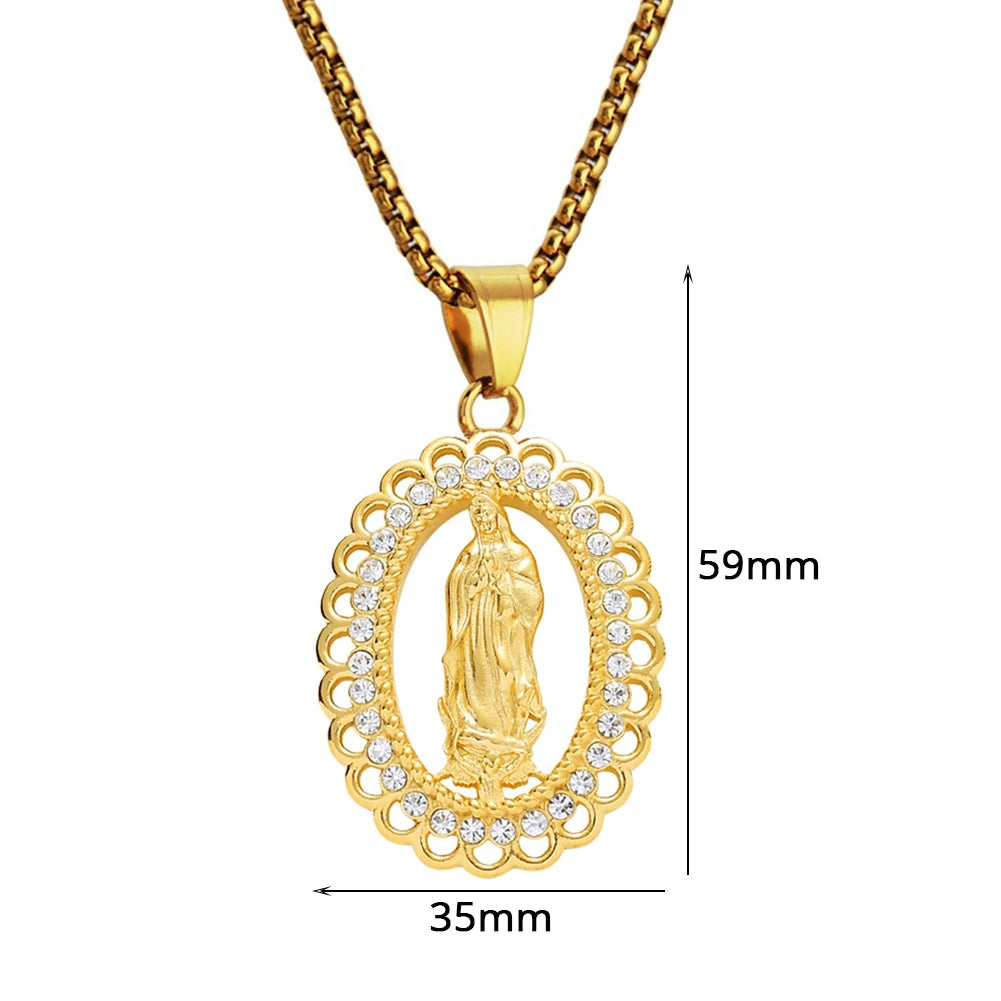 Colar Medalha Oval Com Zircônias Nossa Senhora em Aço Inoxidável Dourado
