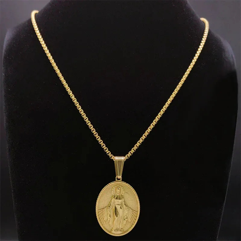Colar com Pingente Medalha Milagrosa de Nossa Senhora em Aço Inoxidável - Carregue a Essência da Virgem Maria Sempre Com Você!