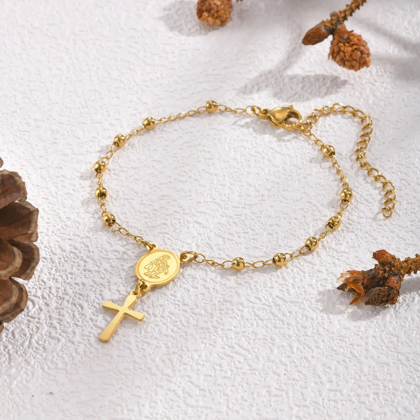 Pulseira Terço em Aço Inoxidável com Cruz e Medalha de Nossa Senhora - Oração Constante!