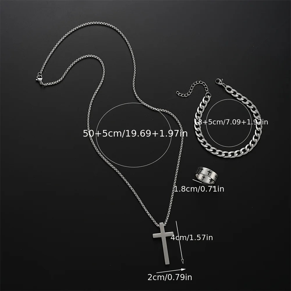 Kit 3 Peças Masculino em Aço Inoxidável(Colar Crucifixo, Pulseira e Anel) - 3 peças, 1 Identidade!
