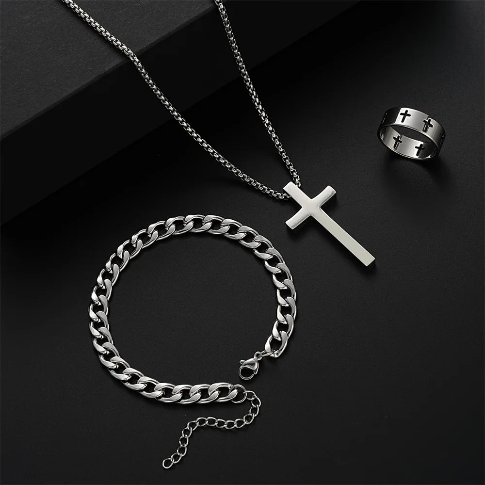 Kit 3 Peças Masculino em Aço Inoxidável(Colar Crucifixo, Pulseira e Anel) - 3 peças, 1 Identidade!