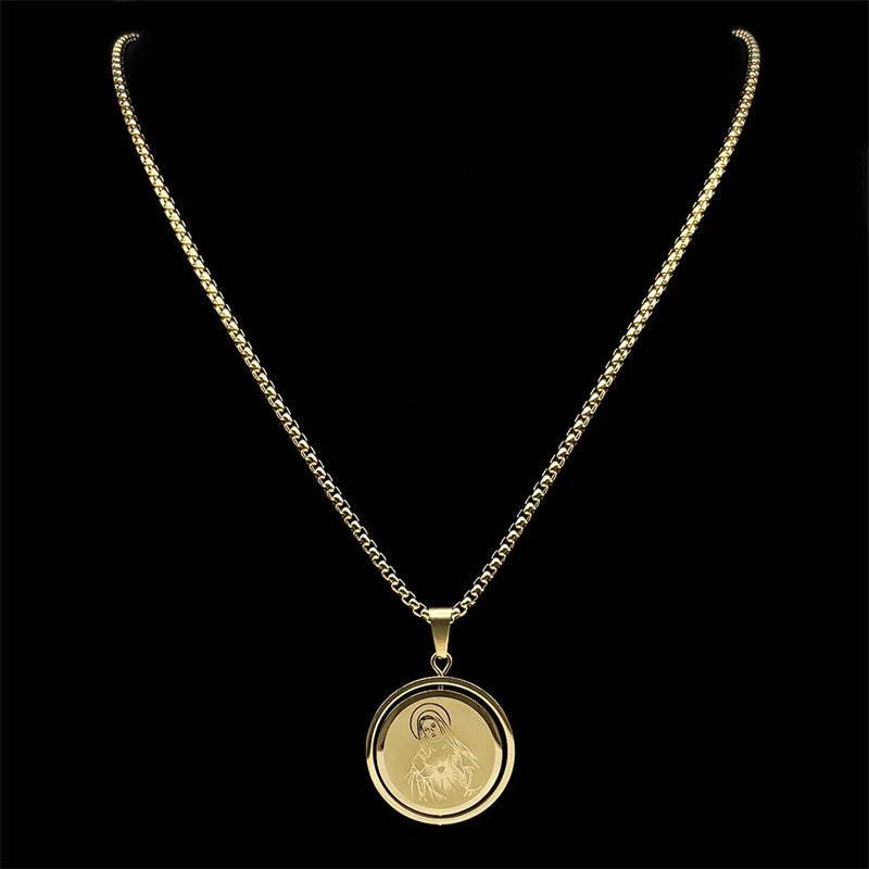 Colar Medalha Sagrado Coração de Maria em Aço Inoxidável Dourado - Use a Fé no Peito e Leve o Amor de Maria Sempre Com Você!