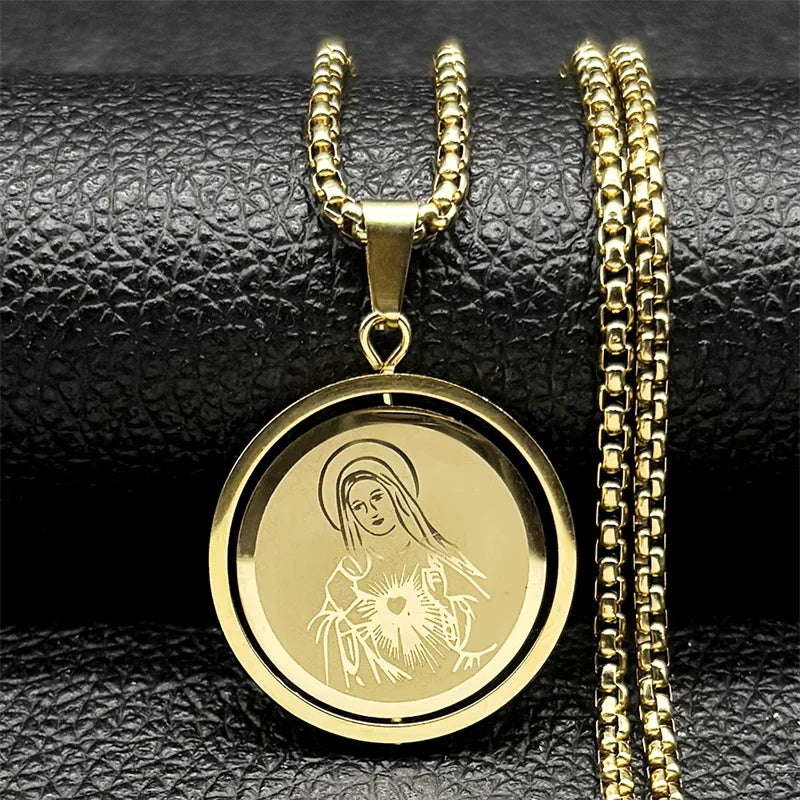 Colar Medalha Sagrado Coração de Maria em Aço Inoxidável Dourado - Use a Fé no Peito e Leve o Amor de Maria Sempre Com Você!