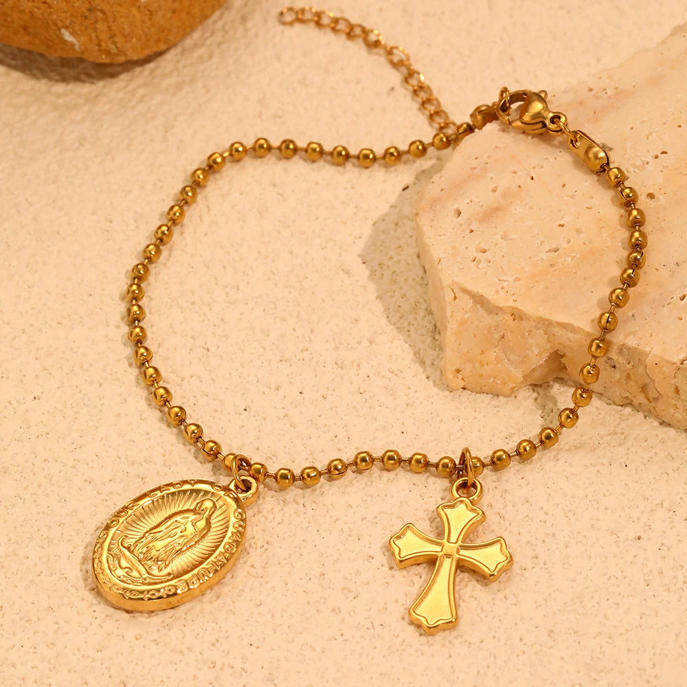 Pulseira de Bolinhas com Crucifixo e Medalha da Virgem Maria em Aço Inoxidável - Um Lembrete Diário de Fé e Estilo!