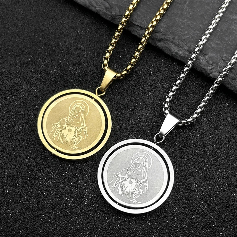Colar Medalha Sagrado Coração de Maria em Aço Inoxidável Dourado - Use a Fé no Peito e Leve o Amor de Maria Sempre Com Você!