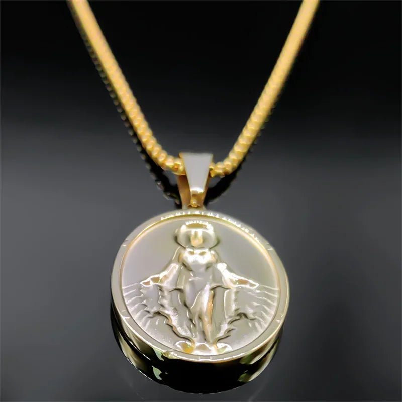 Colar com Pingente Medalha Milagrosa de Nossa Senhora em Aço Inoxidável - Carregue a Essência da Virgem Maria Sempre Com Você!