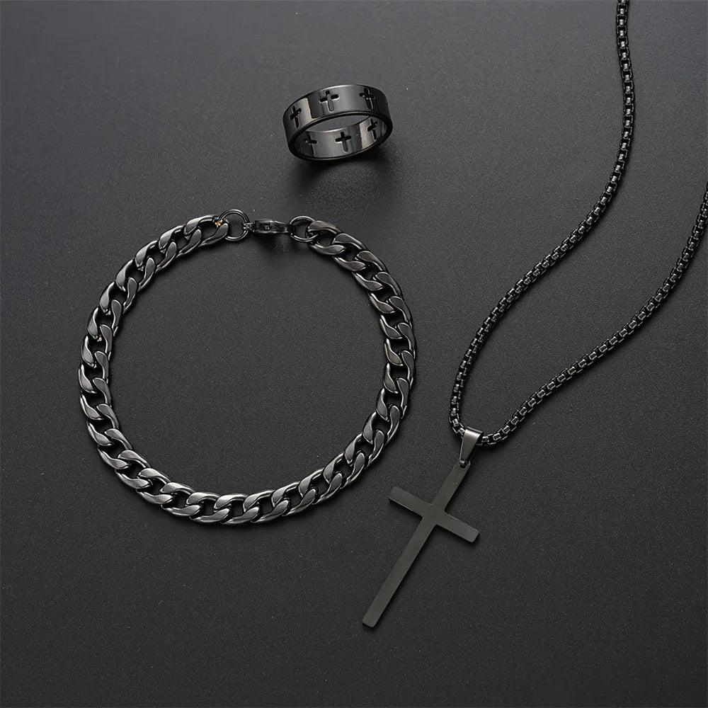 Kit 3 Peças Masculino em Aço Inoxidável(Colar Crucifixo, Pulseira e Anel) - 3 peças, 1 Identidade!
