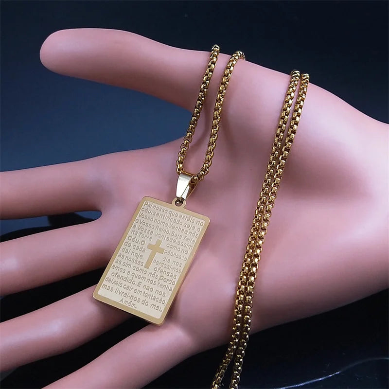 Colar com Pingente Placa Oração do Pai Nosso em Aço Inoxidável - Carregue as Palavras de Deus Sempre Com Você!