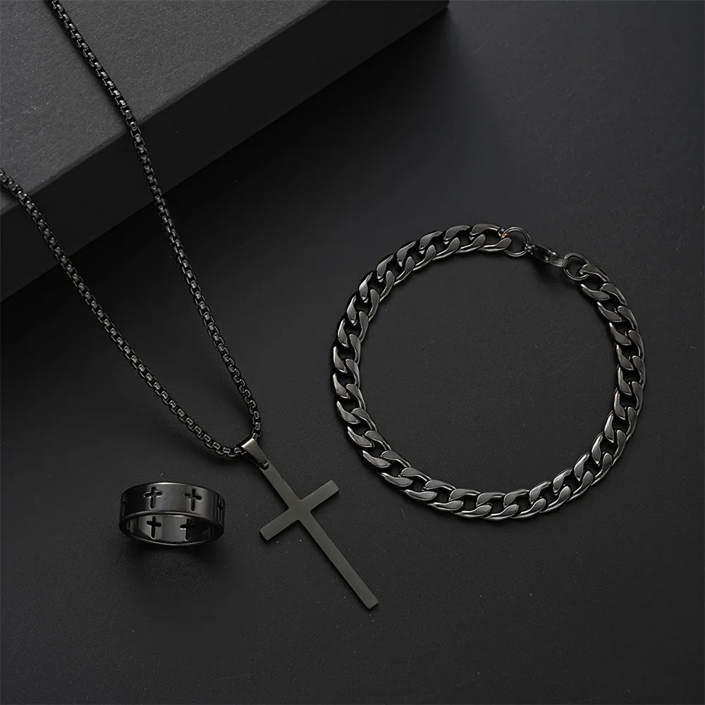 Kit 3 Peças Masculino em Aço Inoxidável(Colar Crucifixo, Pulseira e Anel) - 3 peças, 1 Identidade!
