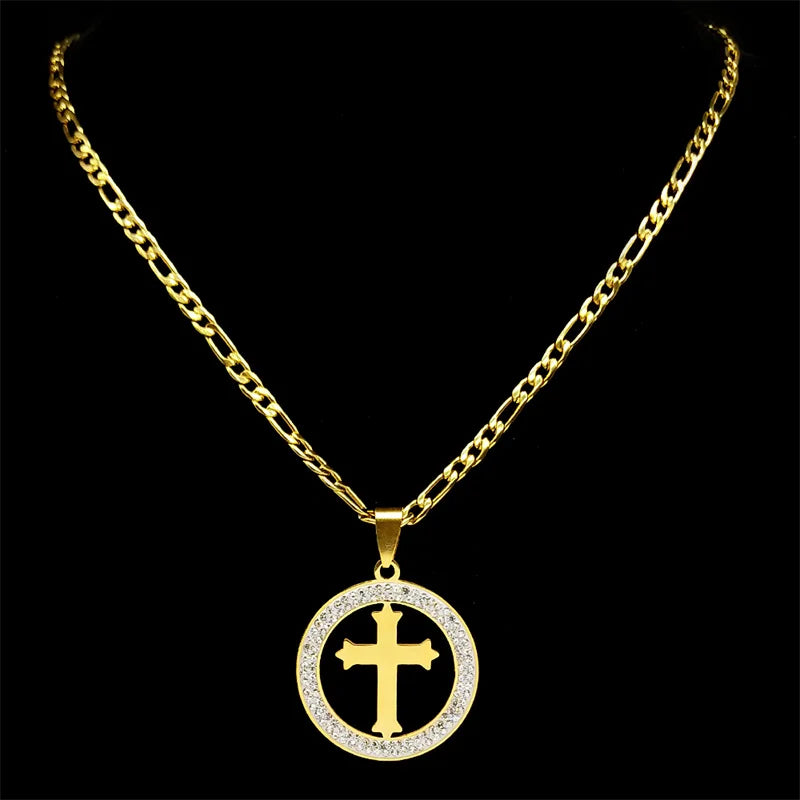 Colar Crucifixo Amulet com Zircônia em Aço Inoxidável - A Luz da Sua Fé em um Acessório Que Brilha!