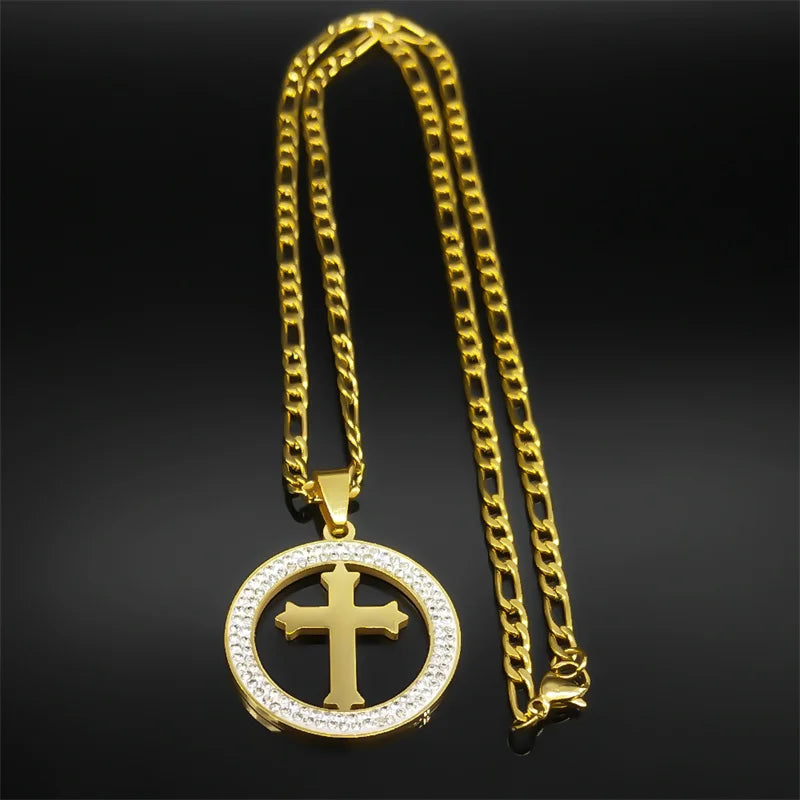 Colar Crucifixo Amulet com Zircônia em Aço Inoxidável - A Luz da Sua Fé em um Acessório Que Brilha!
