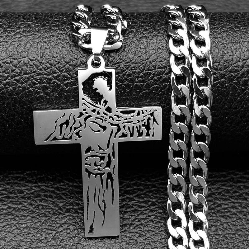 Colar com Crucifixo Jesus Coroa de Espinhos em Aço Inoxidável - Um Símbolo de Sacrifício e Amor Eterno!