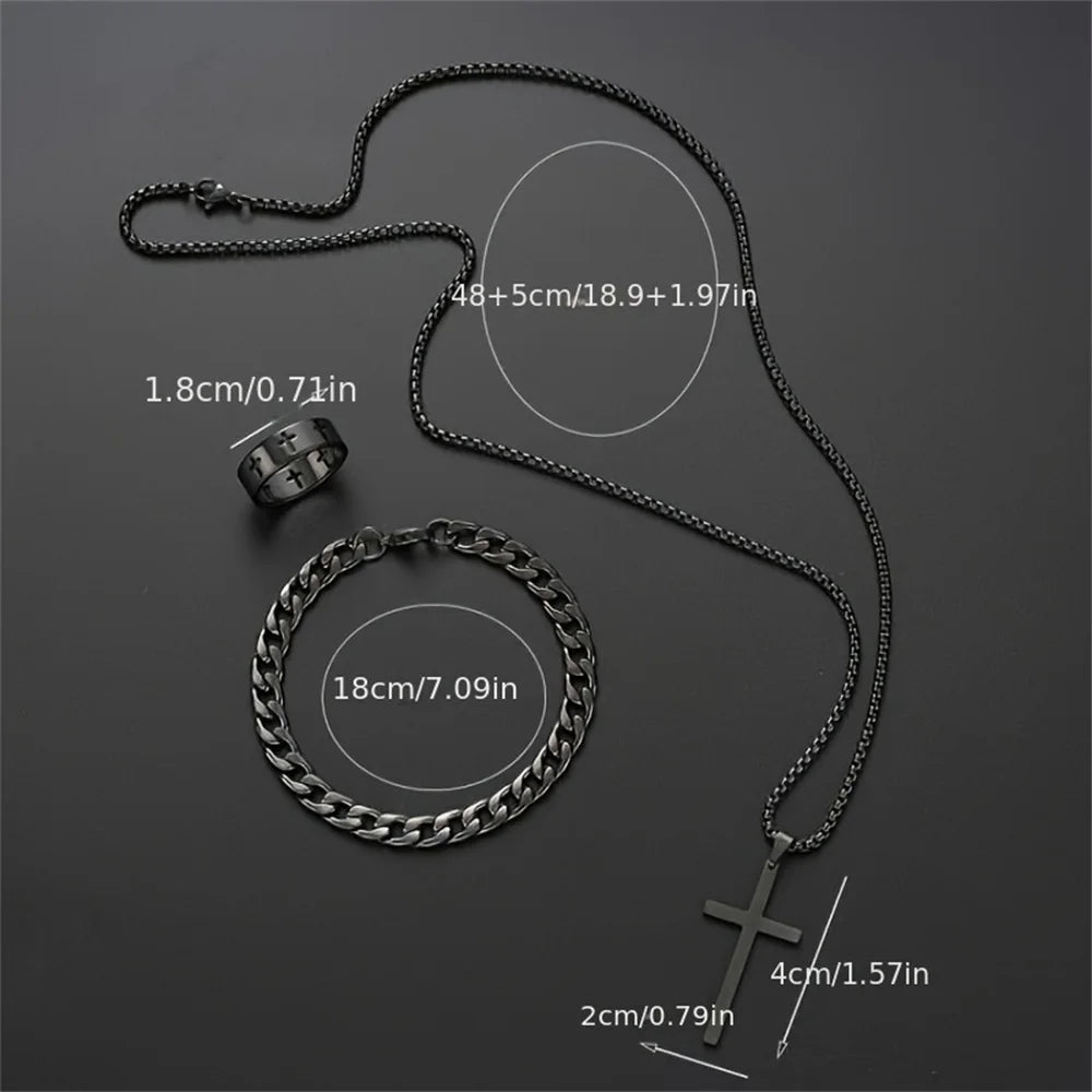 Kit 3 Peças Masculino em Aço Inoxidável(Colar Crucifixo, Pulseira e Anel) - 3 peças, 1 Identidade!