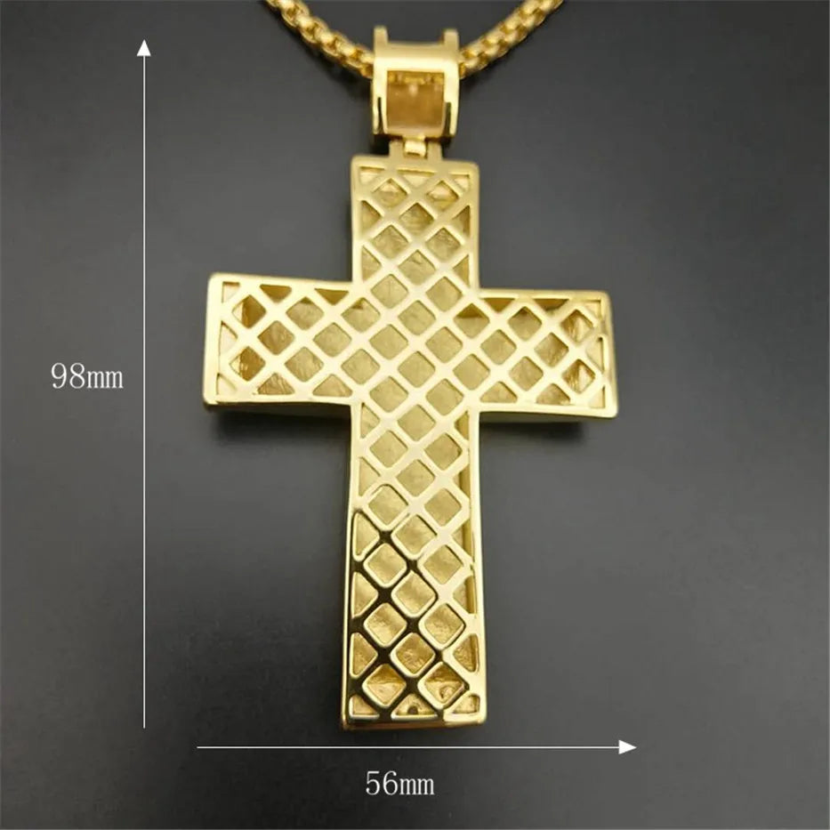 Colar Crucifixo Grande com Pedras em Aço Inoxidável Dourado - Brilho, Fé e Estilo Em Um Só Acessório!