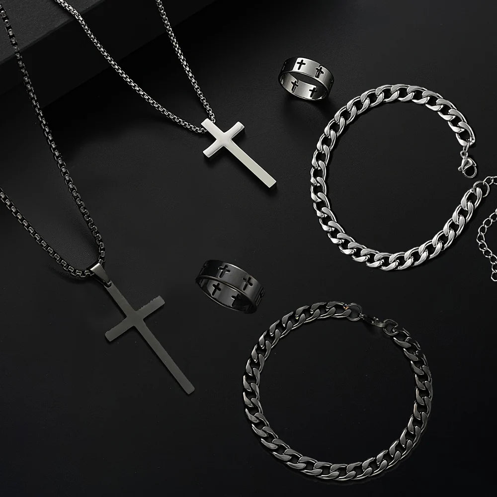 Kit 3 Peças Masculino em Aço Inoxidável(Colar Crucifixo, Pulseira e Anel) - 3 peças, 1 Identidade!