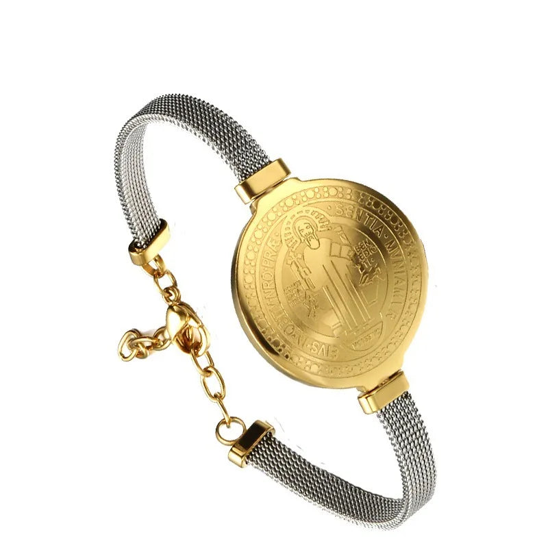 Bracelete Medalha de São Bento Ajustável em Aço Inoxidável Dourado