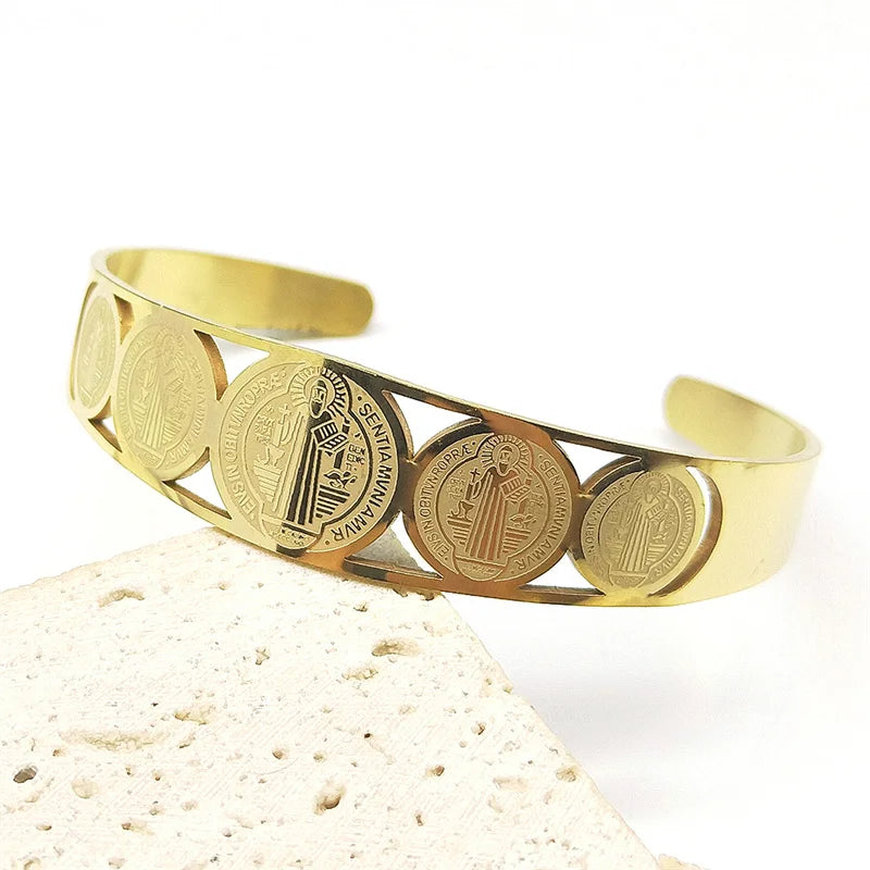 Bracelete I Medalha de São Bento Ajustável em Aço Inoxidável - Proteção e Fé Com Um Ajuste Perfeito!