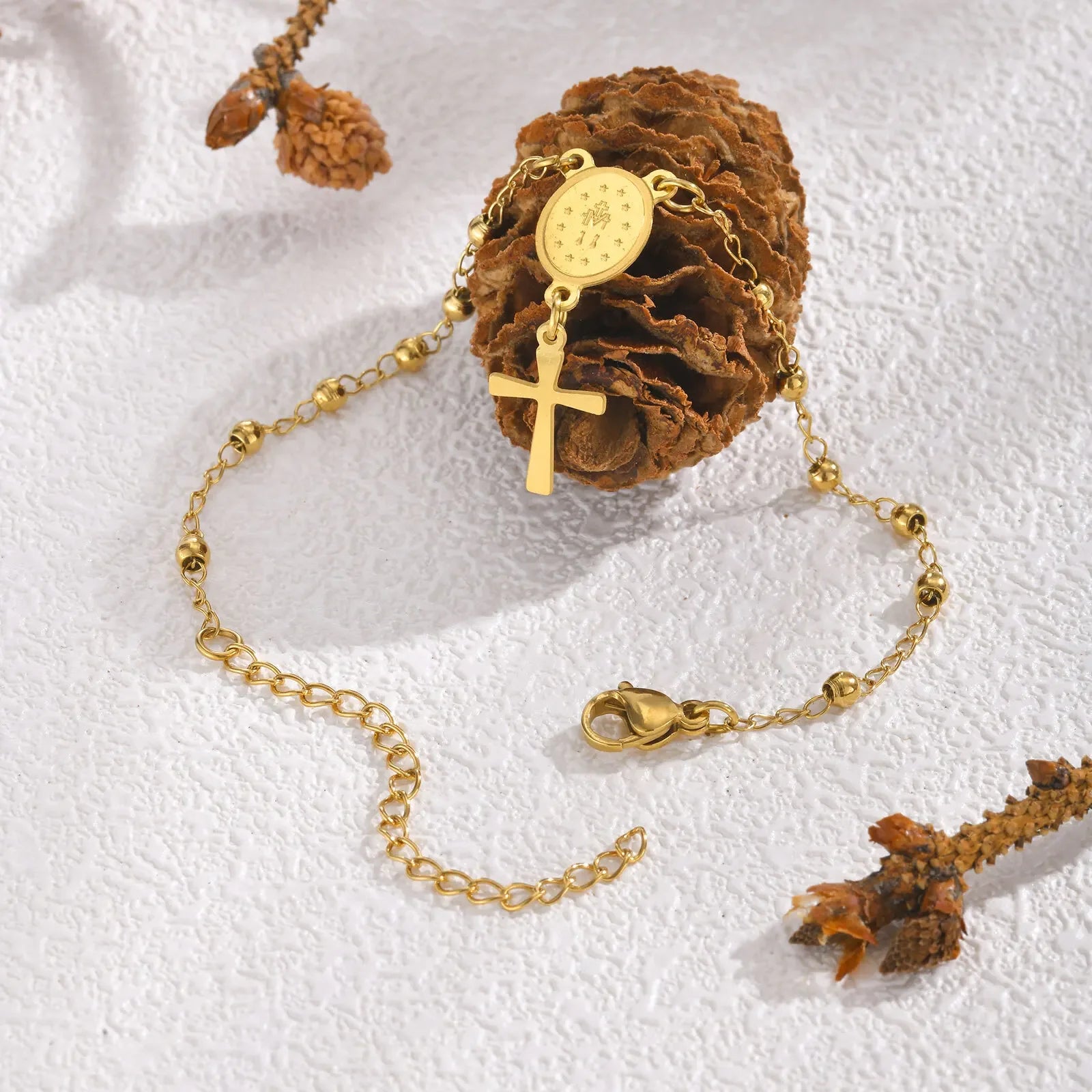 Pulseira Terço em Aço Inoxidável com Cruz e Medalha de Nossa Senhora - Oração Constante!