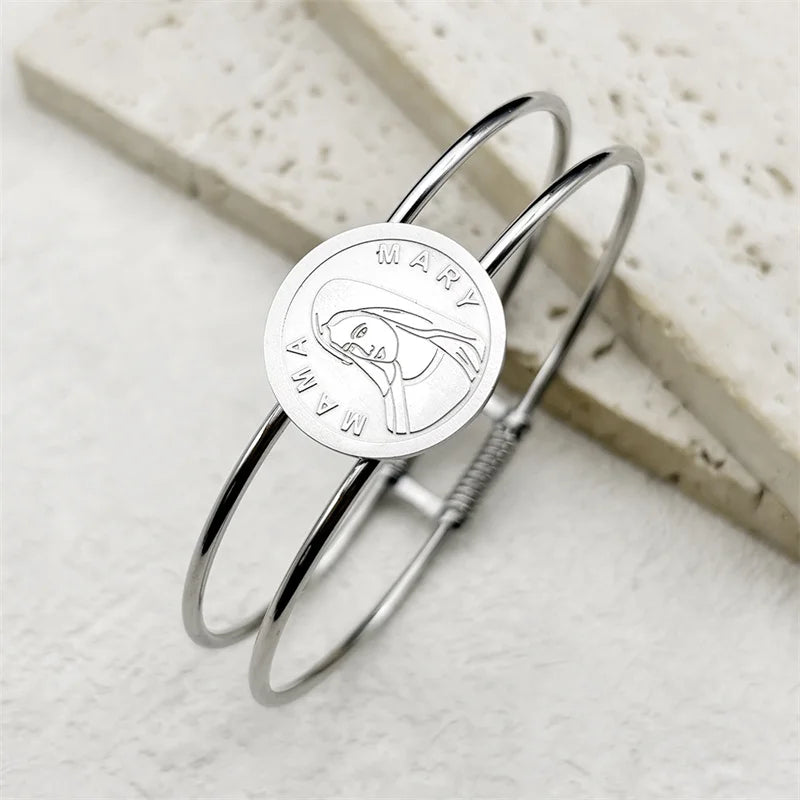 Bracelete Rígido Medalha da Virgem Maria em Aço Inoxidável