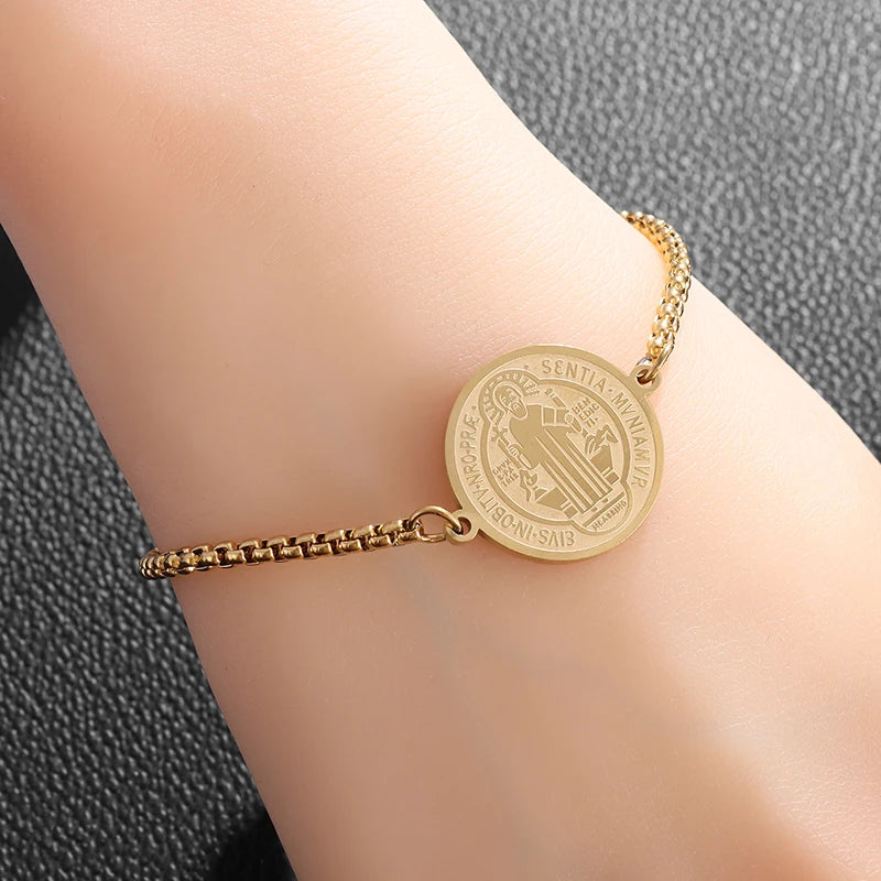 Pulseira Medalha de São Bento em Aço Inoxidável - A Poderosa Medalha Que Inspira Devoção e Coragem!