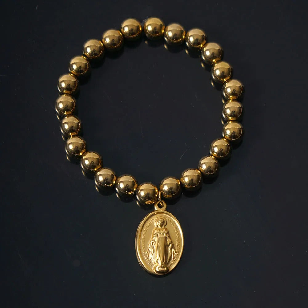 Pulseira Religiosa em Aço Inoxidável com Medalha da Virgem Maria - Leve Sua Fé Com Você Todos os Dias!