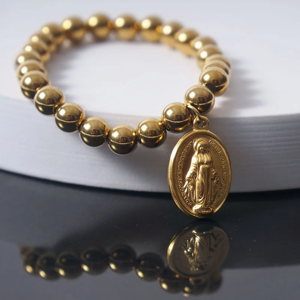 Pulseira Religiosa em Aço Inoxidável com Medalha da Virgem Maria - Leve Sua Fé Com Você Todos os Dias!