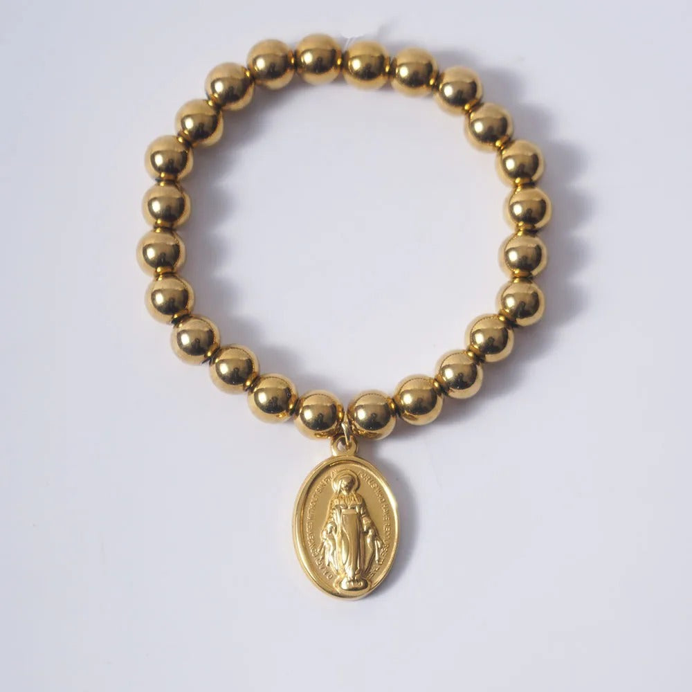 Pulseira Religiosa em Aço Inoxidável com Medalha da Virgem Maria - Leve Sua Fé Com Você Todos os Dias!