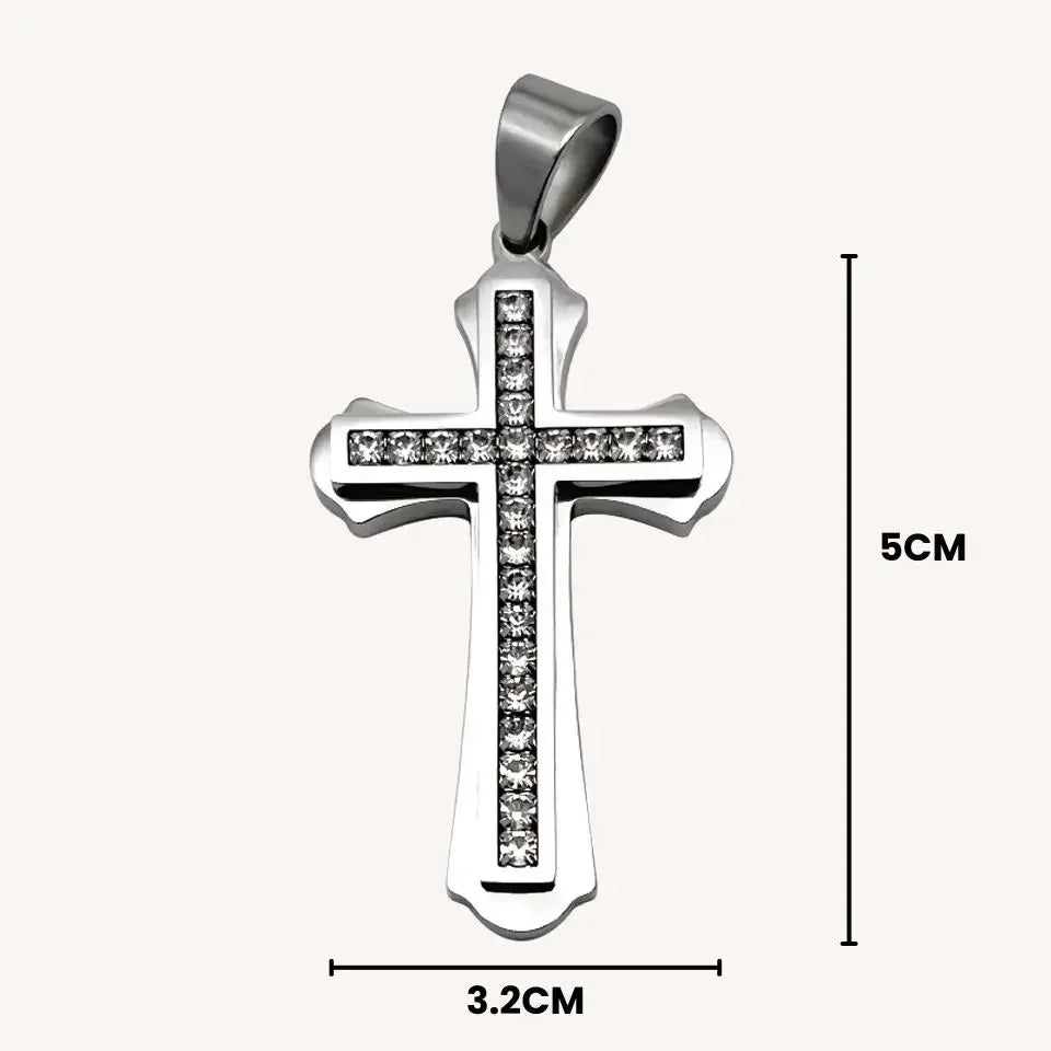 Pingente Cruz Sagrada Dupla em Aço Inoxidável com Zircônias - Estilo e Devoção!