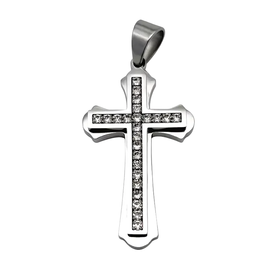 Pingente Cruz Sagrada Dupla em Aço Inoxidável com Zircônias - Estilo e Devoção!