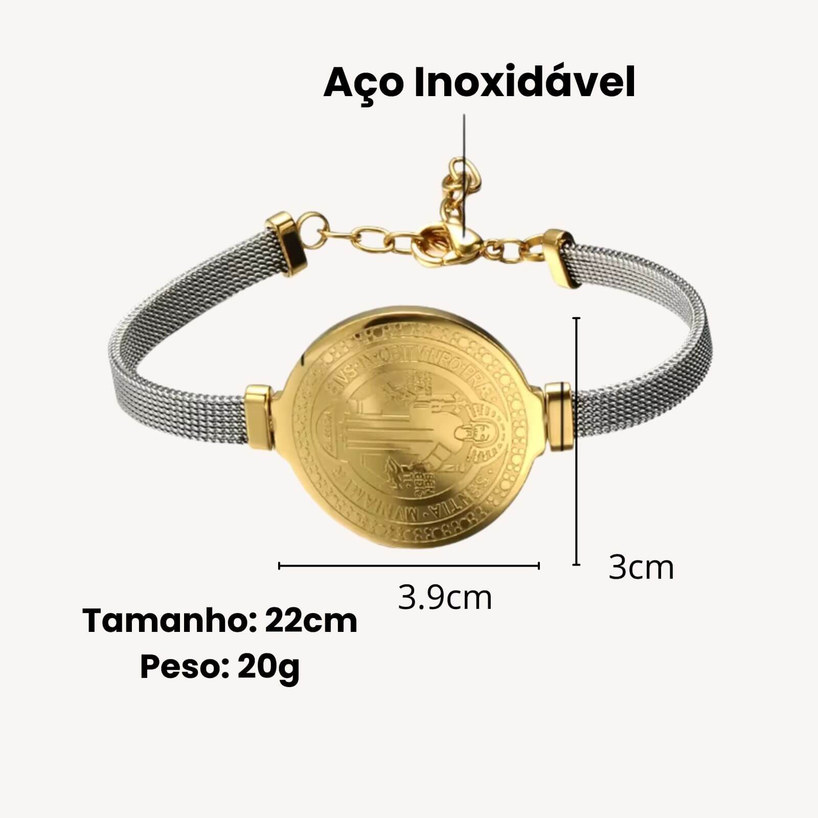 Bracelete Medalha de São Bento Ajustável em Aço Inoxidável Dourado