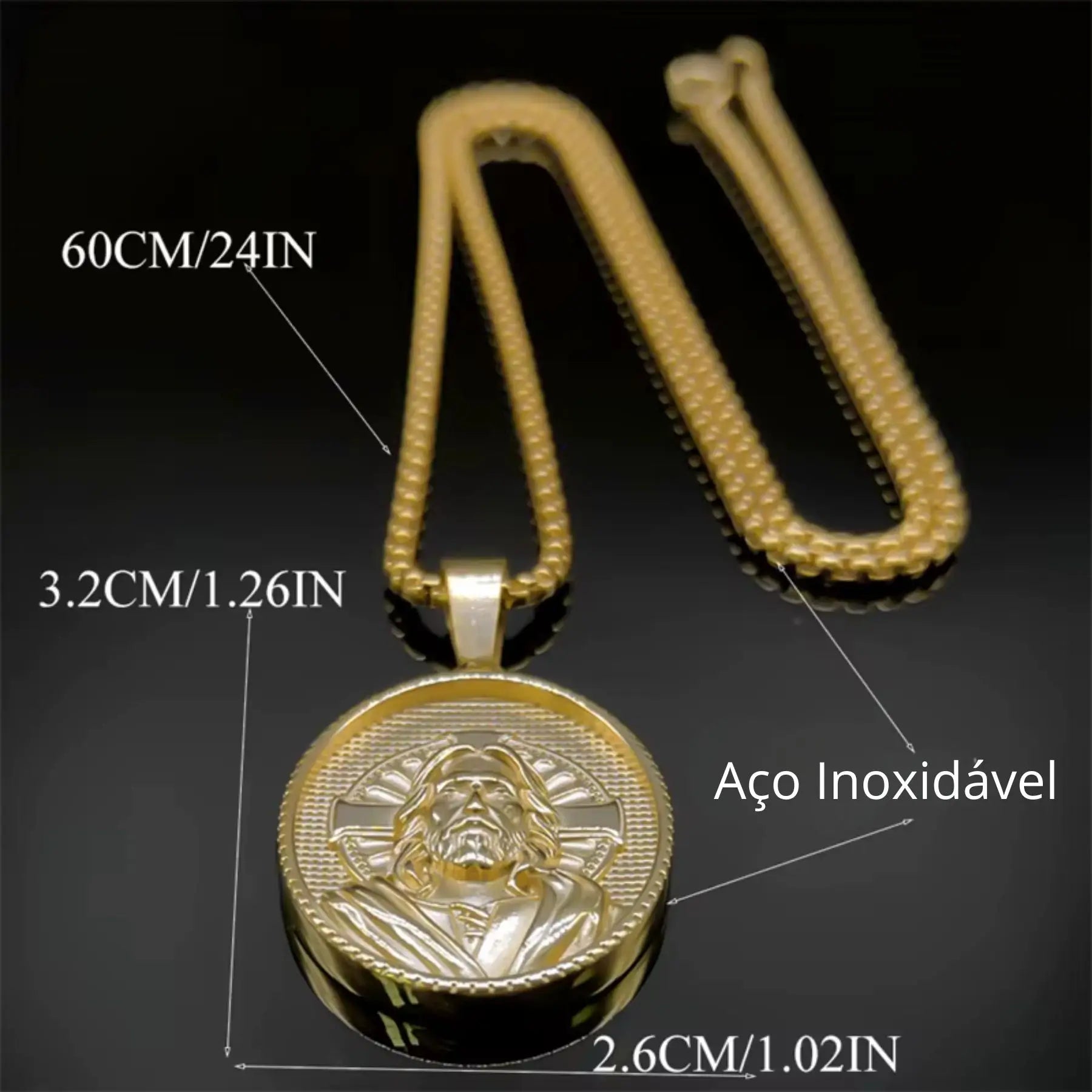Colar Crucifixo Medalha de Jesus Cristo em Aço Inoxidável Dourado - Uma Joia de Fé e Devoção Para Iluminar Sua Caminhada Espiritual!
