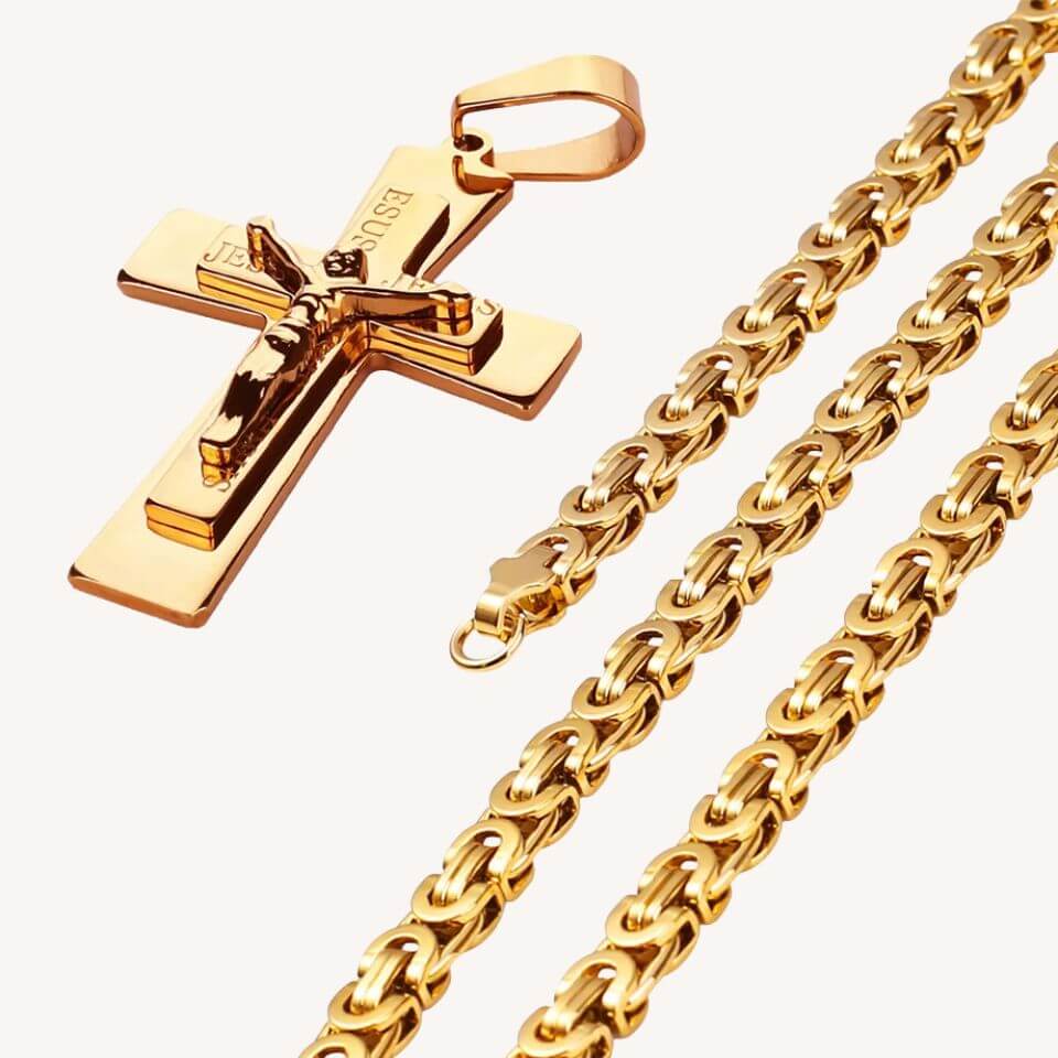 Colar Crucifixo Grande em Aço Inoxidável Dourado - Benção Que Inspira!