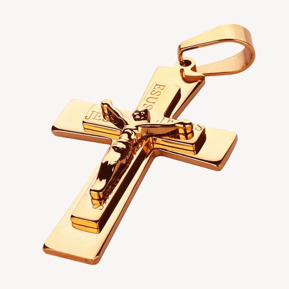 Colar Crucifixo Grande em Aço Inoxidável Dourado - Benção Que Inspira!