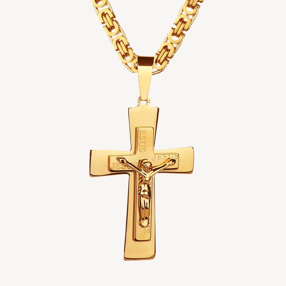 Colar Crucifixo Grande em Aço Inoxidável Dourado - Benção Que Inspira!