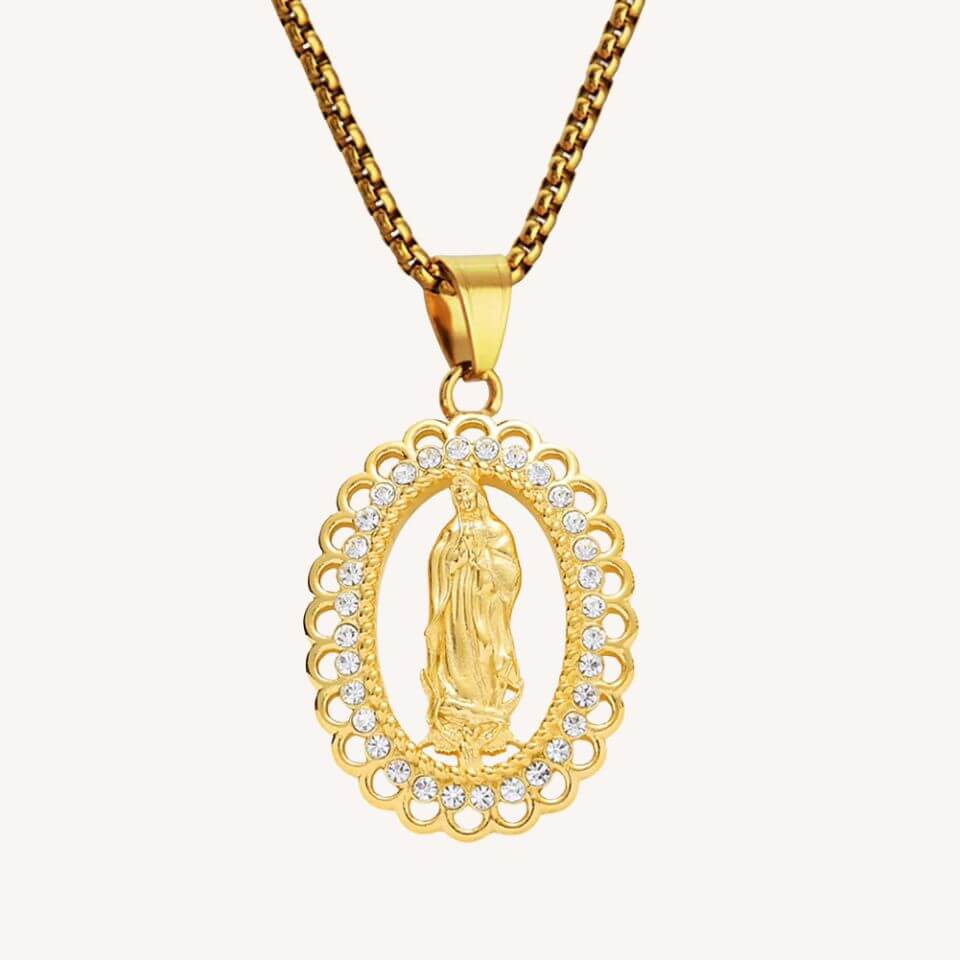 Colar Medalha Oval Com Zircônias Nossa Senhora em Aço Inoxidável Dourado