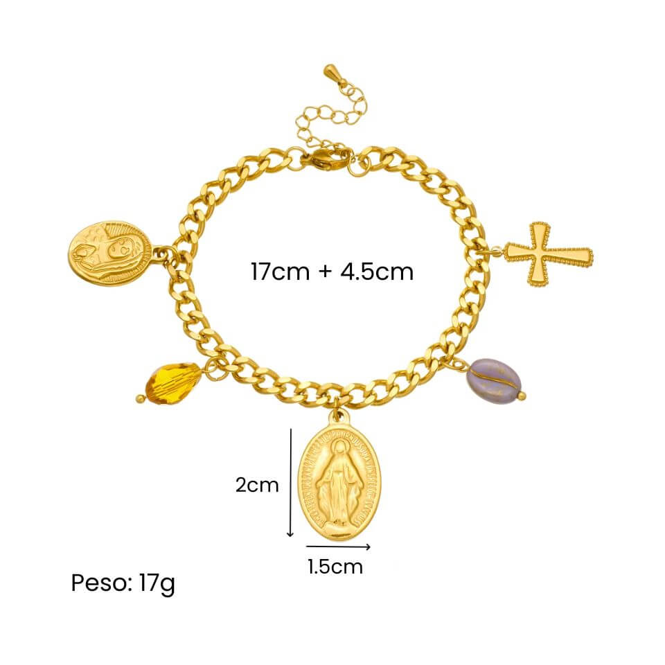 Conjunto Medalha Oval Dourada com Cruz e Cristais em Aço Inoxidável 316L - Escolha Colar, Pulseira ou o Kit Completo!