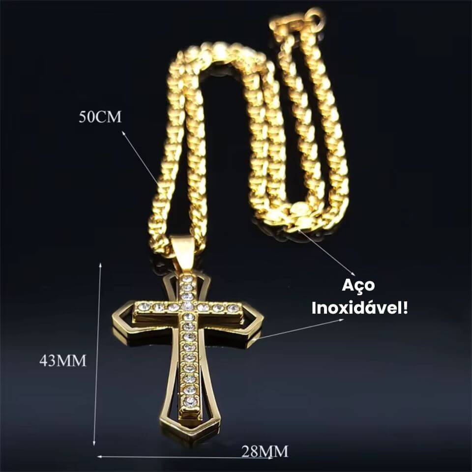 Colar Crucifixo Cruz com Detalhes Geométricos e Zircônia em Aço Inoxidável - Devoção e Elegância Que Inspiram!