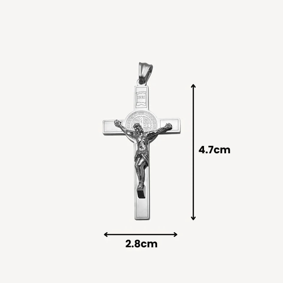 Pingente Crucifixo com Medalha de São Bento em Aço Inoxidável 316L - Sua Fé Fortalecida!