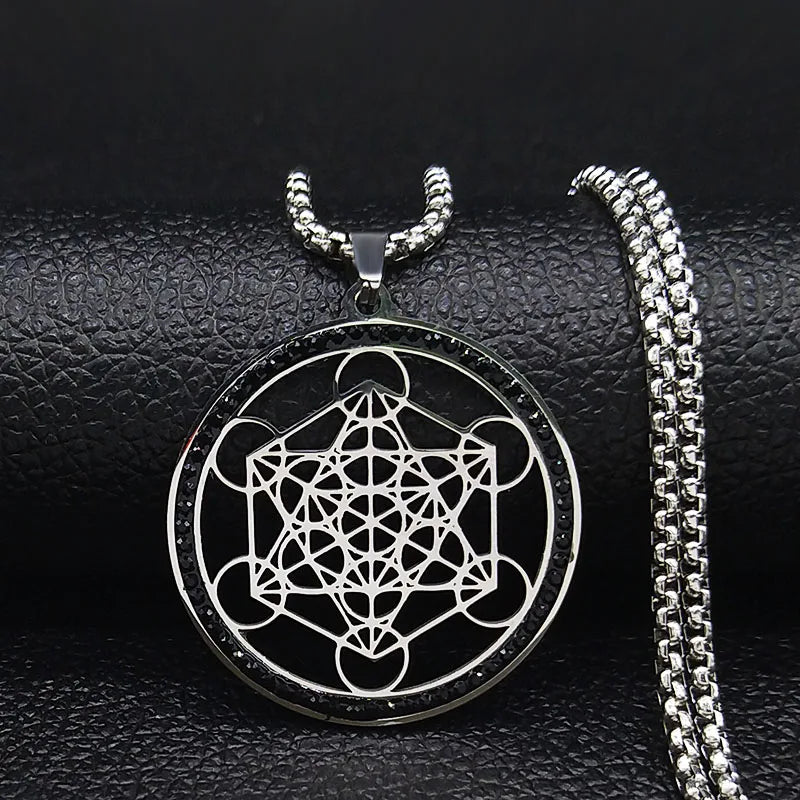 Colar com Pingente Cubo de Metatron e Flor da Vida - Geometria Sagrada em Aço Inoxidável