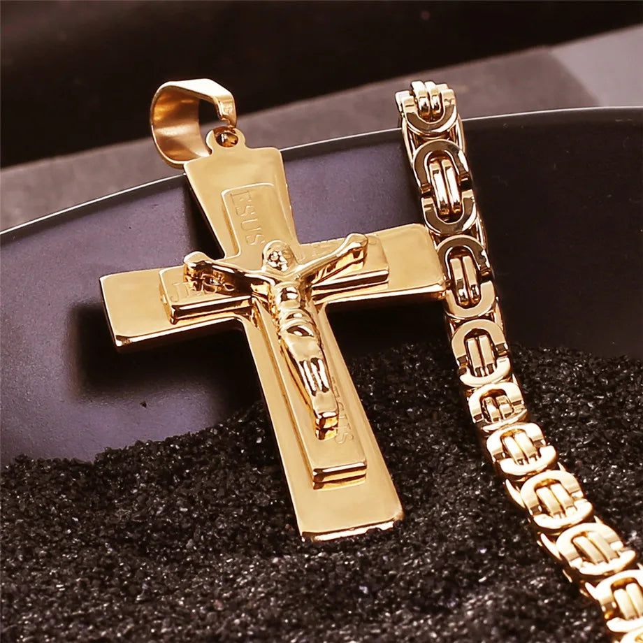 Colar Crucifixo Grande em Aço Inoxidável Dourado - Benção Que Inspira!