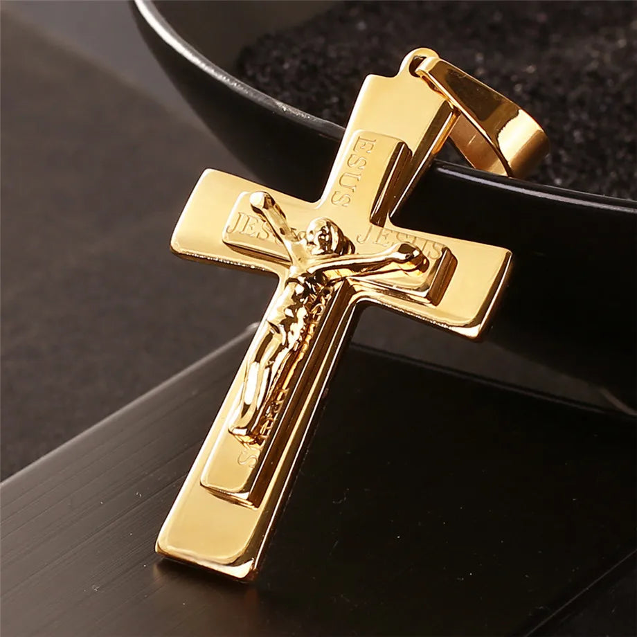 Colar Crucifixo Grande em Aço Inoxidável Dourado - Benção Que Inspira!